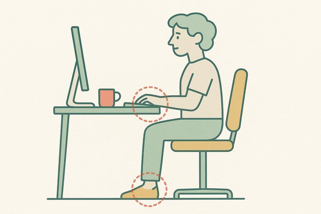 An illustration demonstrating proper desk ergonomics, showing a person sitting with their arms at a 90-degree angle to the keyboard and their feet flat on the floor below the dotted circles on their wrists and ankles.