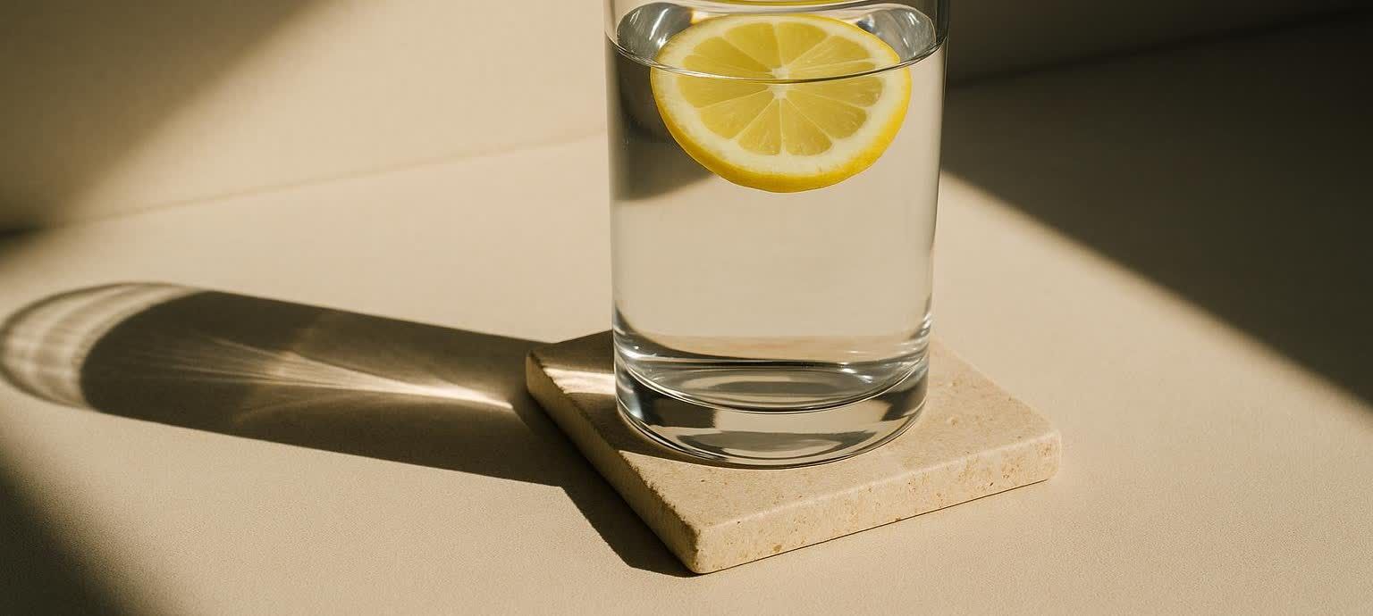 A clear glass of water with a slice of lemon floating in it, resting on a light-colored coaster. Strong morning sunlight casts defined shadows around the glass and coaster on a light tan surface.