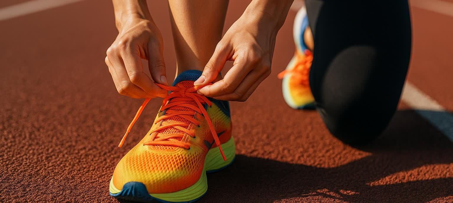 A close-up of a person's hands tying the orange laces of a vibrant orange, yellow, and blue athletic shoe on a textured red running track.