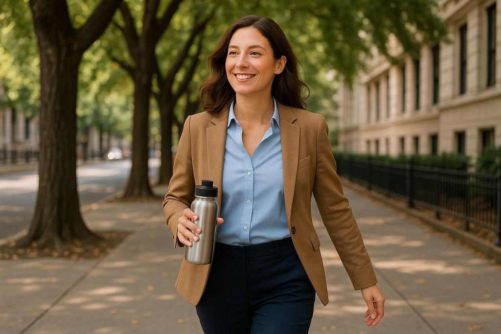 A smiling businesswoman in a brown blazer and blue shirt walks outdoors on a tree-lined street, holding a silver reusable water bottle.