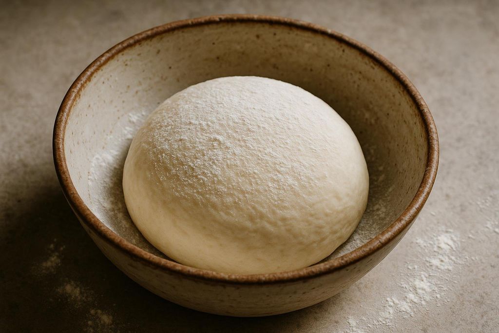 A smooth ball of bagel dough dusted with flour, resting in a rustic ceramic mixing bowl on a light gray counter.