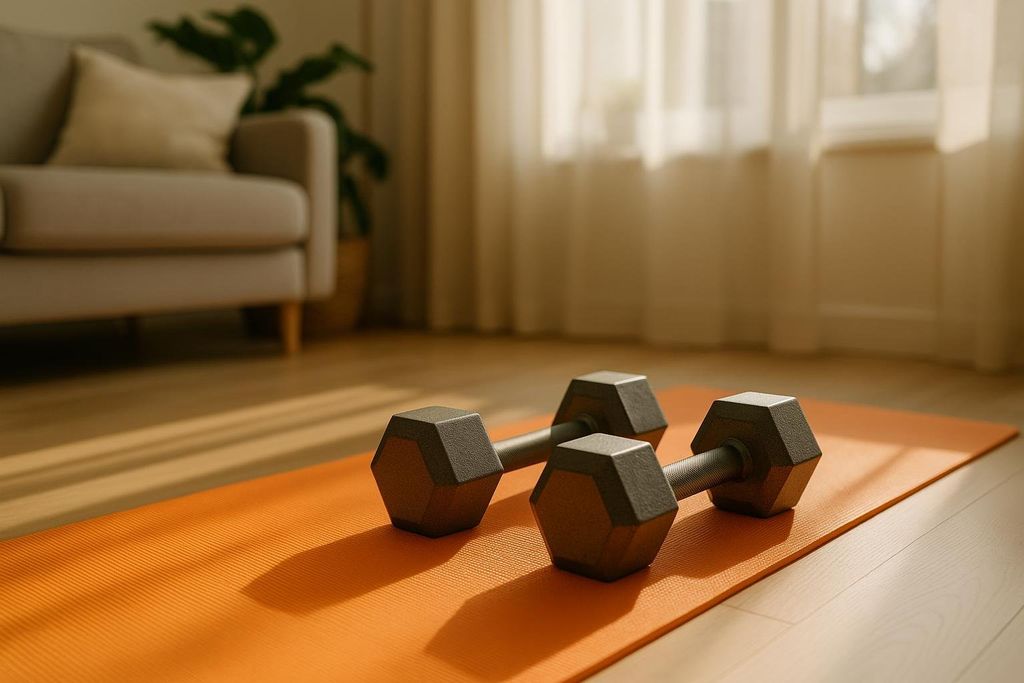 Two black hex dumbbells rest on an orange yoga mat in a sunlit room with hardwood floors, a light-colored sofa, and sheer curtains in the background.