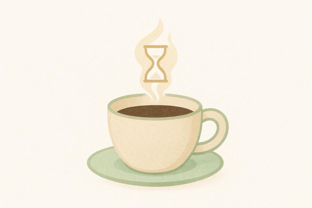 An illustration of a coffee cup with an hourglass symbol rising from the steam, suggesting a delayed clearance or prolonged effect of caffeine. The cup is light beige with light green trim and sits on a matching saucer, against a light cream textured background.