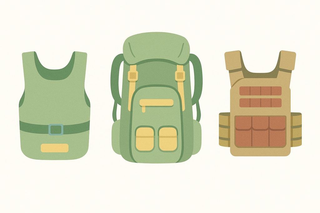 An illustration comparing the silhouettes of a ruck vest, a backpack, and a tactical plate carrier. The ruck vest is solid green, the backpack is green with yellow straps and pockets, and the tactical plate carrier is tan with brown pouches.
