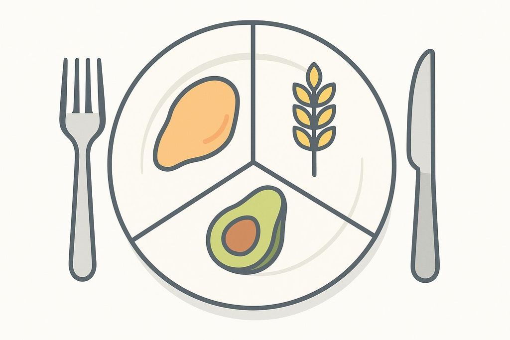An illustrated plate divided into three sections, featuring icons representing macronutrients: a chicken breast for protein, an ear of wheat for carbohydrates, and an avocado for fats, emphasizing balanced nutrition.
