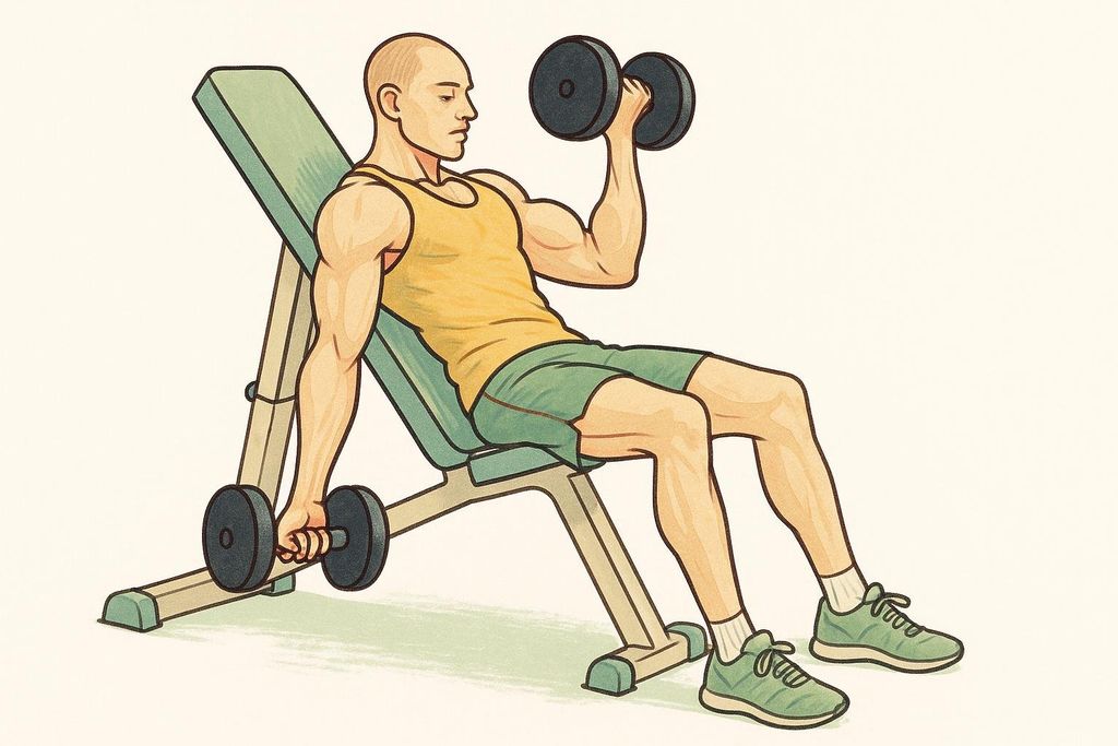 Illustration of a man performing incline dumbbell curls on an adjustable bench, showing a full bicep stretch.
