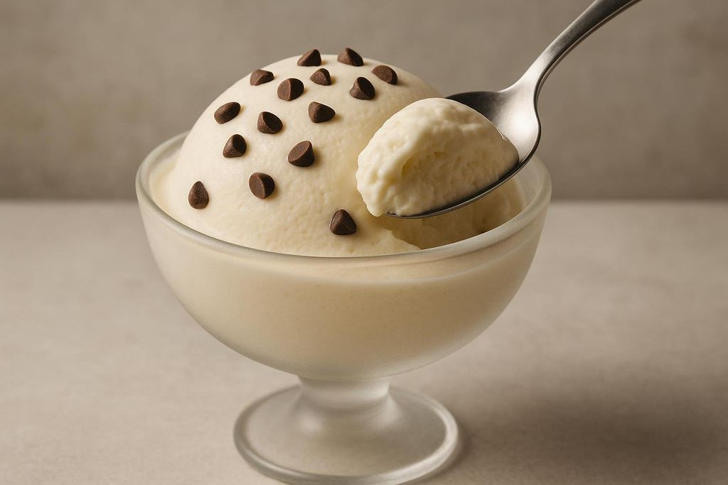 A close-up of light yellow ice cream or mousse in a clear glass bowl, topped with small chocolate chips. A spoon is scooping a serving from the dessert.