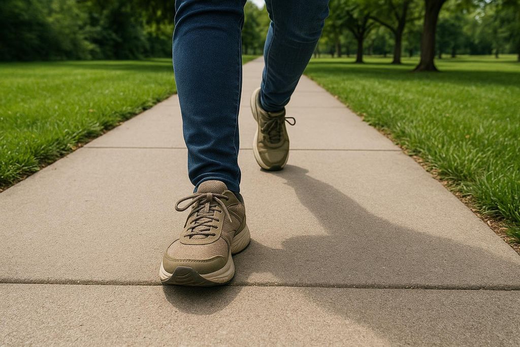 A low-angle, first-person view of a person walking on a concrete path, wearing blue jeans and tan walking shoes, with green grass and trees visible in the background.