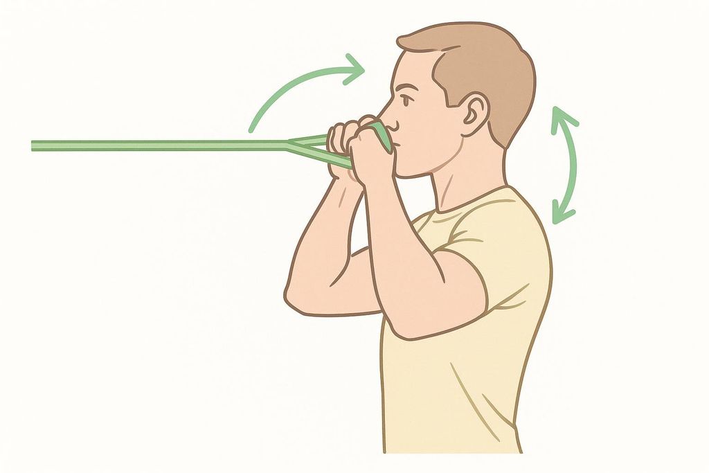 An illustration demonstrating the correct movement path and finishing position for a face pull exercise, where a person pulls a resistance band towards their face, with arrows indicating the inward and downward motion of the hands and the outward and upward rotation of the shoulders and elbows.