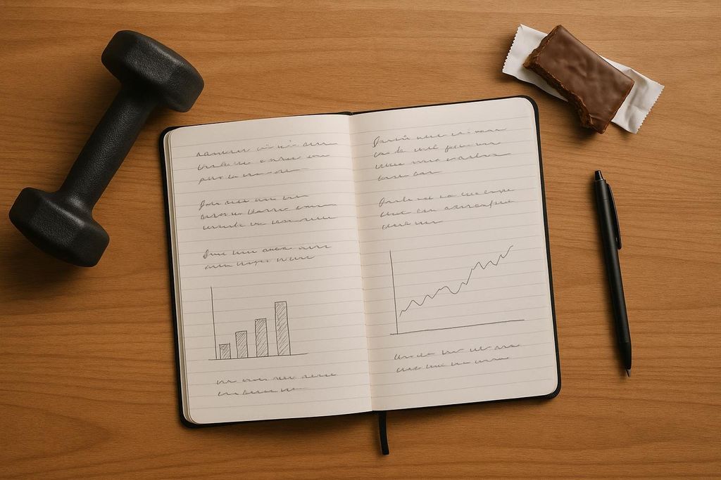 A flat-lay view of a workout notebook open to a page with handwritten notes and hand-drawn bar and line graphs, accompanied by a black pen, a small dumbbell, and a protein bar on a wooden surface.