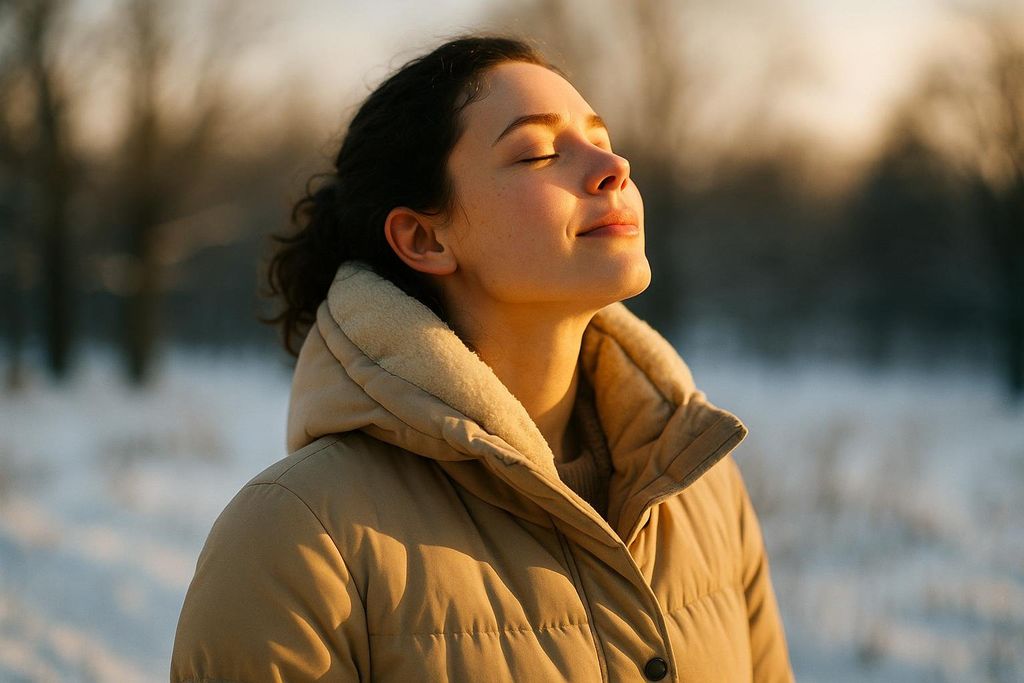 A close-up of a young woman with dark curly hair wearing a tan winter coat, standing with her eyes closed and face upturned toward the sunlight in a snowy outdoor setting. The golden hour sun illuminates her face.