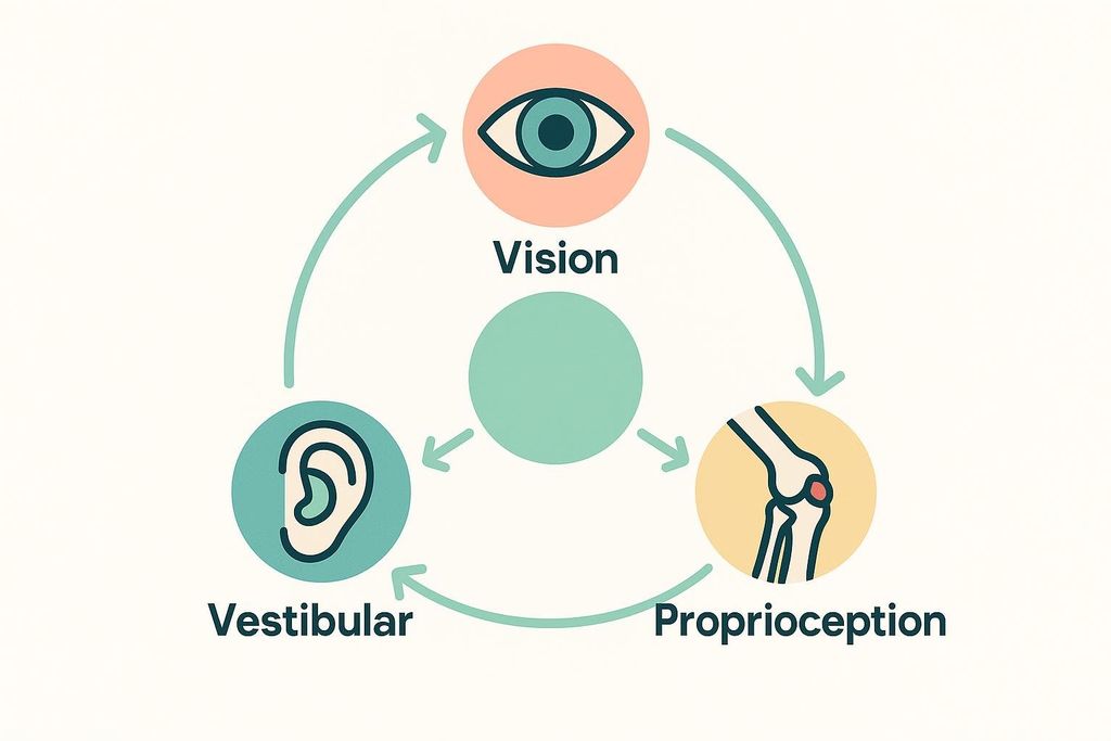 A diagram illustrating the three main systems that contribute to balance: Vision (represented by an eye icon), Vestibular (represented by an ear icon), and Proprioception (represented by a knee joint icon). Arrows show an interconnected, circular relationship between these three systems and a central, unlabeled circle where they all converge.