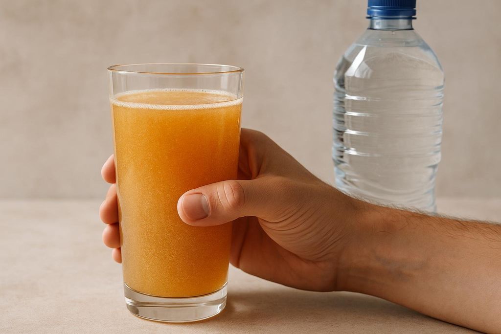 A person's hand holds a glass of orange fiber drink, while a large bottle of water stands in the blurry background, highlighting the importance of hydration.