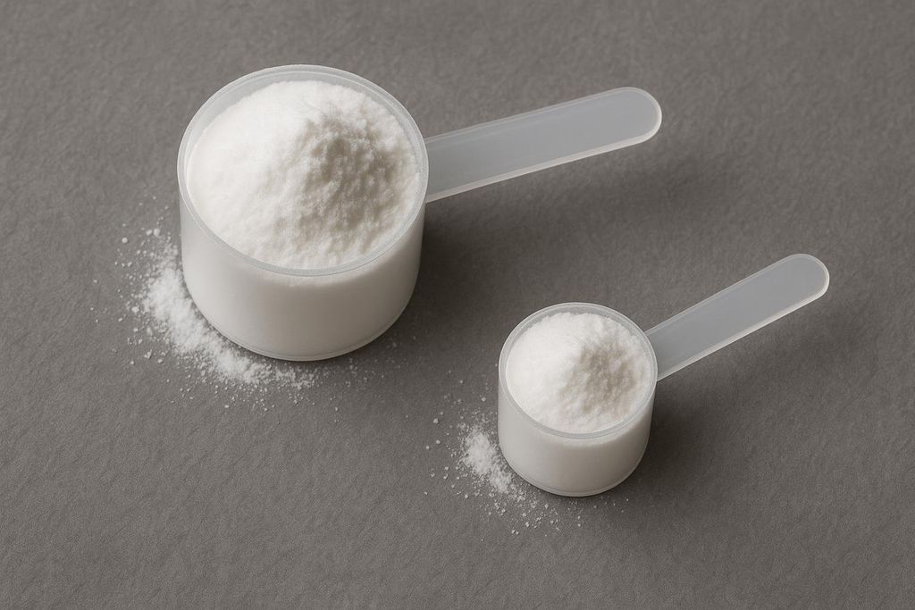 Two different sized scoops of TMG powder, visualizing the different dosages for performance and homocysteine goals.