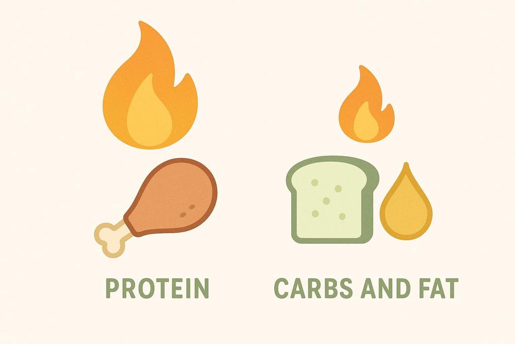 An illustration comparing the thermic effect of food, showing a large flame above a chicken drumstick labeled 'PROTEIN' and a smaller flame above a slice of bread and a drop of oil labeled 'CARBS AND FAT.' This visualizes that protein requires more energy to digest than carbohydrates and fats.