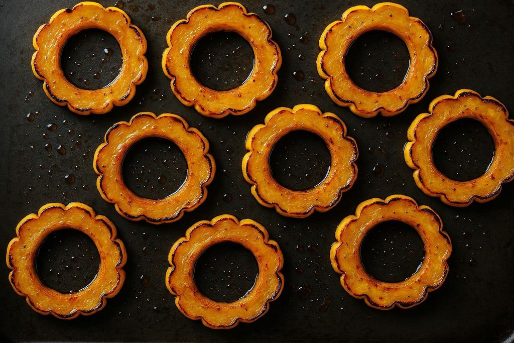 An overhead shot of nine roasted delicata squash rings arranged on a dark baking sheet, each glistening with a maple-chili drizzle. The edges of the squash rings are slightly caramelized and dark.
