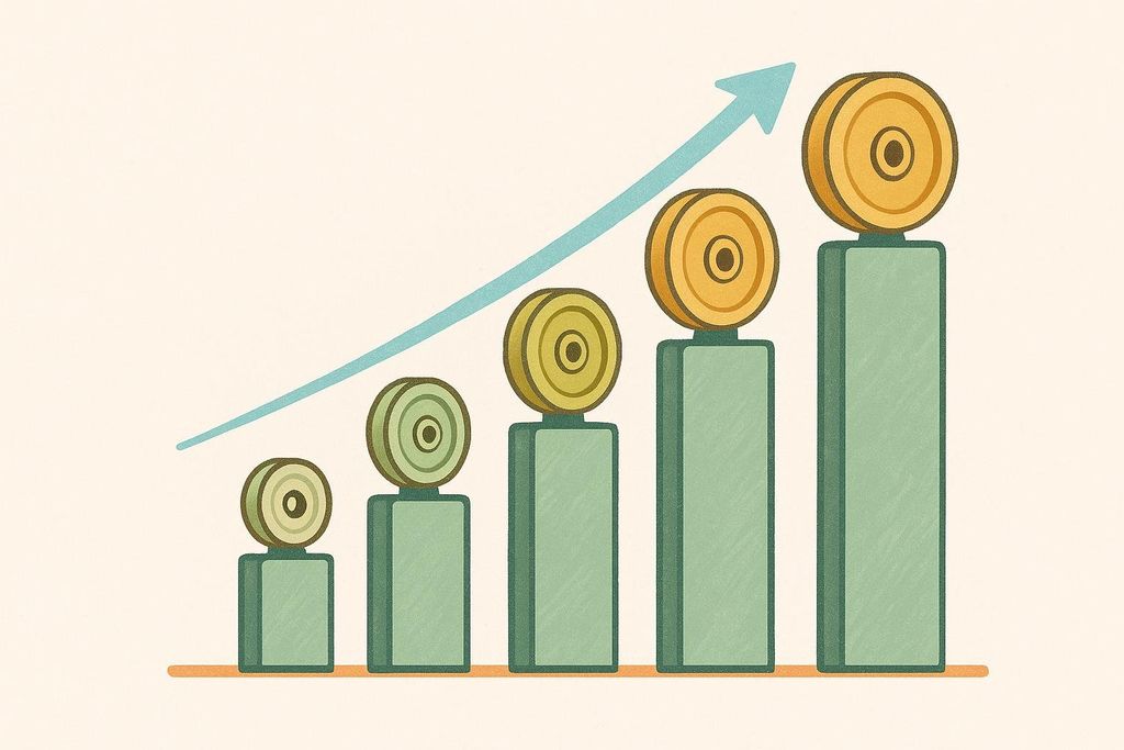 An ascending bar chart illustration where each bar is topped with a weight plate, symbolizing growth or increasing value. A light blue arrow points upwards across the chart, reinforcing the upward trend.