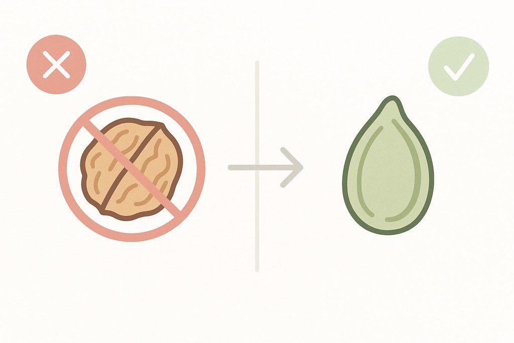 An icon illustrating a healthy and allergen-friendly food swap: a crossed-out walnut signifying 'no nuts' next to a pumpkin seed, implying it's a good alternative, with a check mark over it. An arrow points from the walnut to the seed.