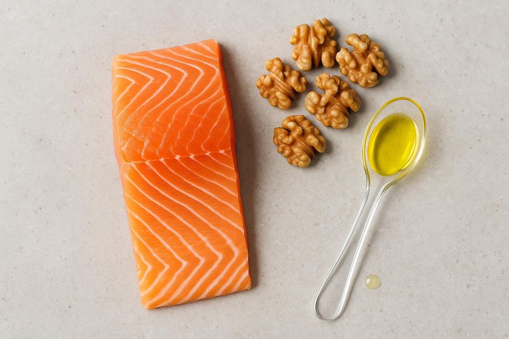 A raw salmon fillet, five walnuts, and a spoon of golden oil supplement are arranged on a light gray speckled surface.