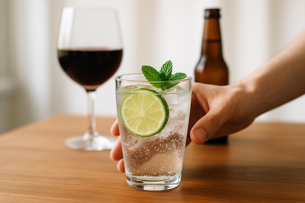 Hand reaching for a glass of sparkling water with lime and mint, with a glass of red wine and a beer bottle in the background. The image symbolizes choosing healthier beverage options.