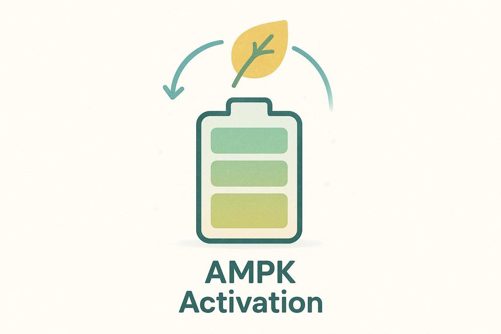 Diagram depicting AMPK activation: a battery icon representing energy, with a leaf icon above it, encircled by arrows indicating a continuous process. Below the battery, the text reads "AMPK Activation".