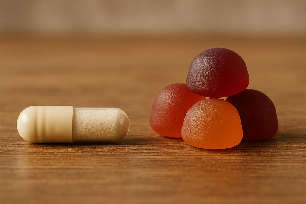 One light-colored capsule filled with powder lies horizontally next to a stack of four colorful gummies on a wooden surface, illustrating the difference in dosage forms.