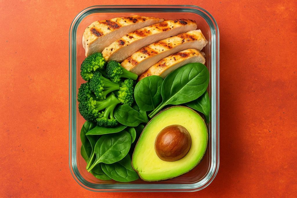 A prepared keto meal in a glass container featuring grilled chicken breast slices, broccoli florets, fresh spinach leaves, and half an avocado, set against an orange background.