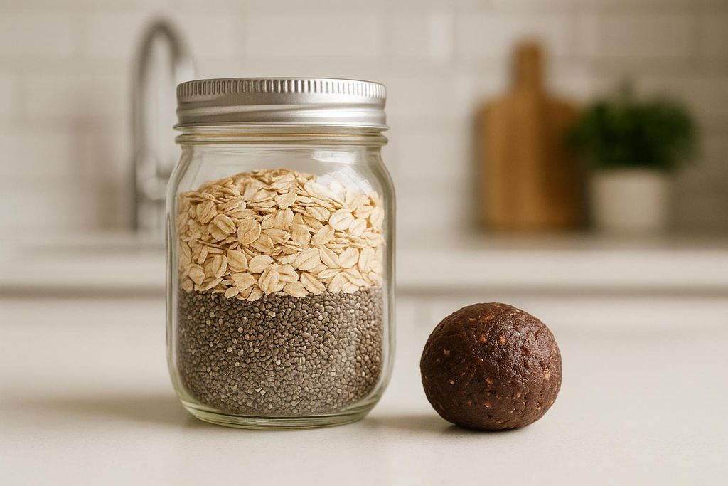 A clear glass jar filled with layers of chia seeds and rolled oats, sitting next to a dark brown, spherical energy bite. The background shows a modern kitchen with a blurred faucet and a wooden cutting board with a plant.