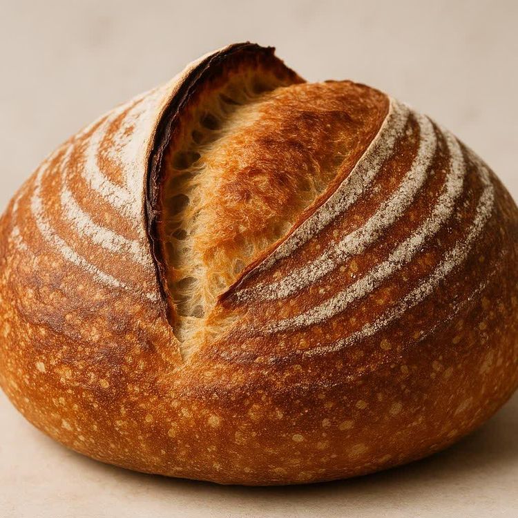 Close-up of a golden-brown sourdough bread loaf with flour-dusted scoring and a prominent oven spring.