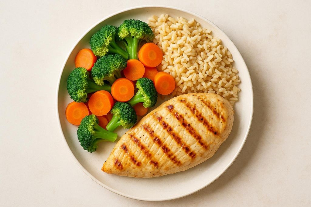 Overhead shot of a white plate with grilled chicken breast, steamed broccoli florets, sliced carrots, and brown rice.