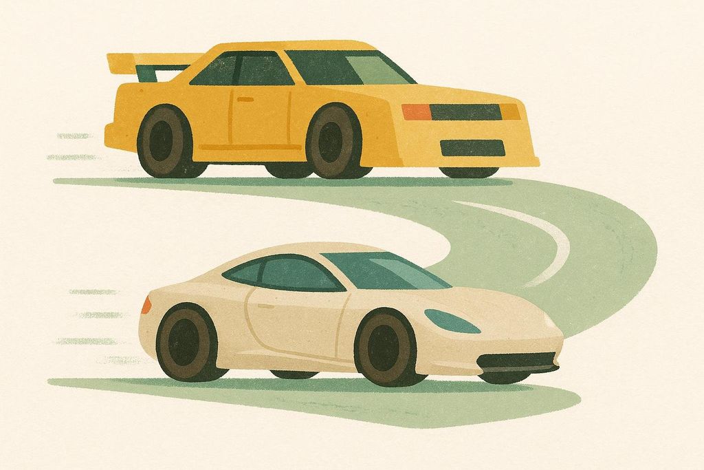 An illustration showing two cars in motion on a road. The top car is a yellow, boxy racing car with a spoiler, moving to the right. The bottom car is a sleek, light-colored sports car, also moving to the right on a curving road.