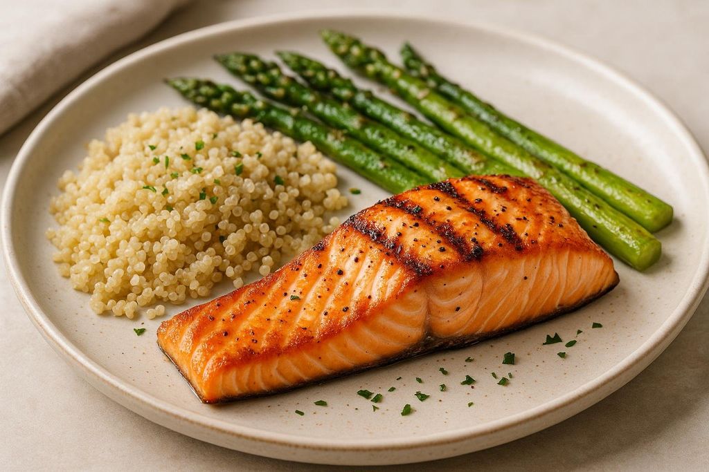 A healthy meal featuring grilled salmon, quinoa, and roasted asparagus.