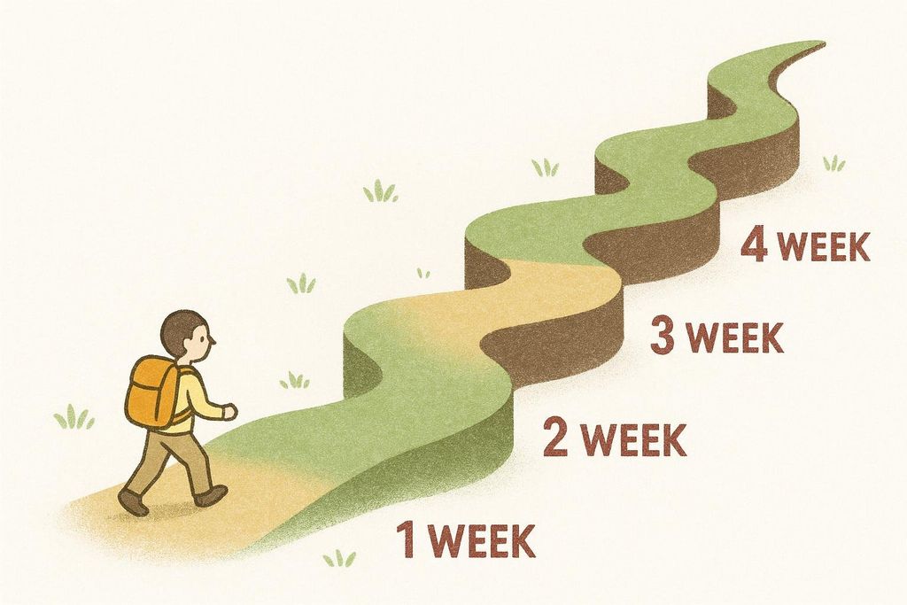 Illustration of a person with a backpack walking along a path divided into four sections labeled 1 Week, 2 Week, 3 Week, and 4 Week, representing a progressive 4-week rucking beginner plan.