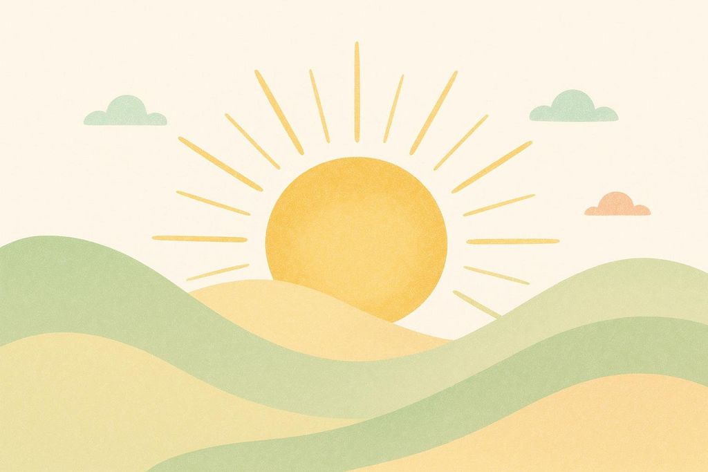 An illustration depicting a serene sunrise over gently rolling hills. The sun is a bright yellow circle with radiating lines, set against a light cream-colored sky. The hills are depicted in varying shades of light green and yellow, with soft, wavy forms. A few cartoon-like clouds, in light blue and peach, float in the sky.