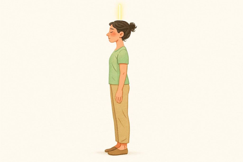 An illustration of a person in profile, standing with perfect posture and closed eyes. A golden vertical line extends upwards from the crown of their head, symbolizing alignment.