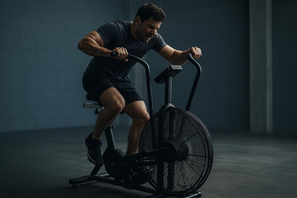 A man in a dark t-shirt and shorts intensely pedals a black stationary air bike with a large fan in a dimly lit gym, showing exertion on his face.