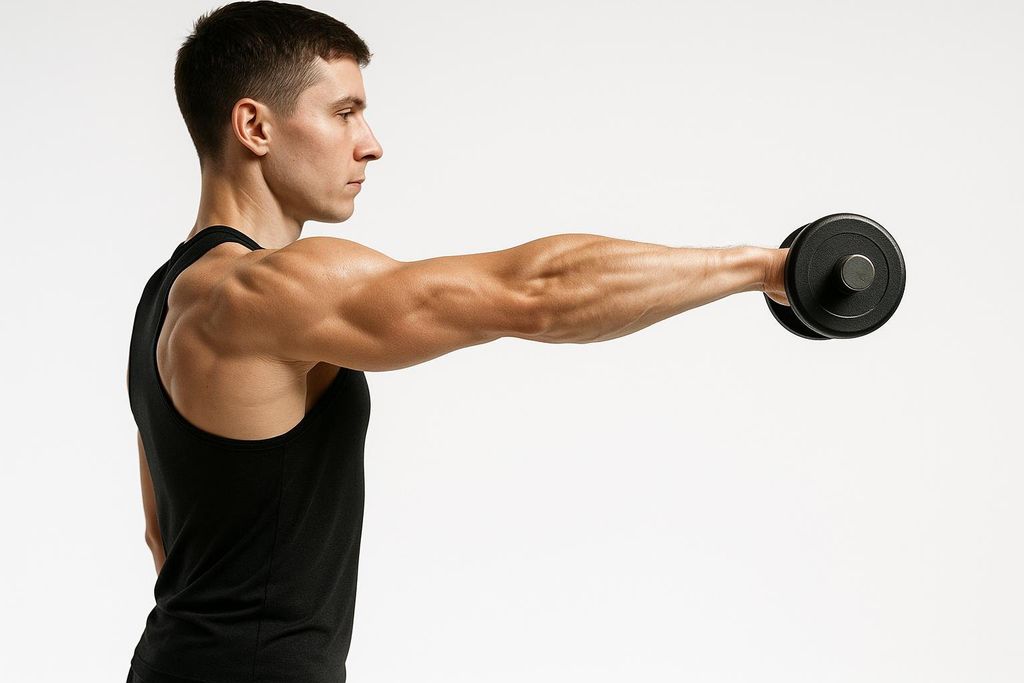 A side view of a man in a black tank top performing a lateral raise with a single black dumbbell, showcasing his well-defined shoulder and arm muscles against a white background.