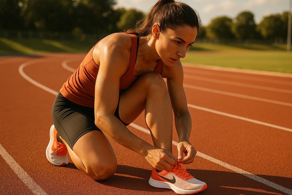 A fit female athlete with her hair tied back, wearing an orange tank top and black shorts, kneels on an outdoor running track to tie the orange laces of her white and orange running shoes. The track is red with white lines, and green grass and trees are visible in the background under a blue sky.