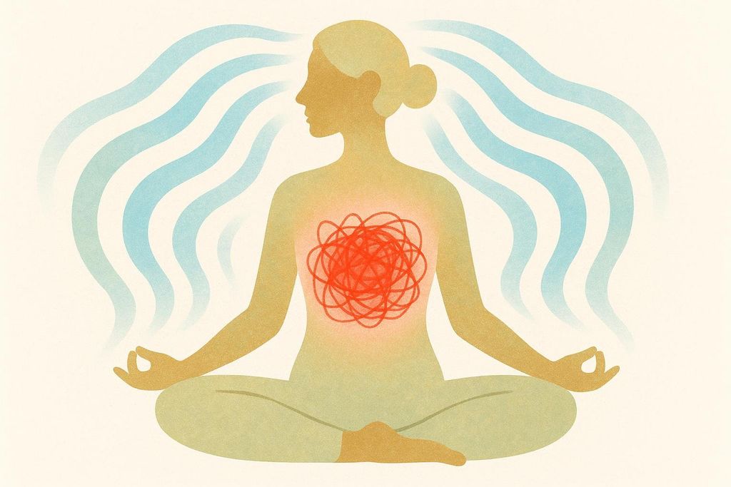 An abstract illustration depicting a figure meditating in a lotus position, with blue, calming waves flowing from their head and a red, chaotic tangle in their chest beginning to dissipate and merge with a calmer hue, symbolizing stress management.