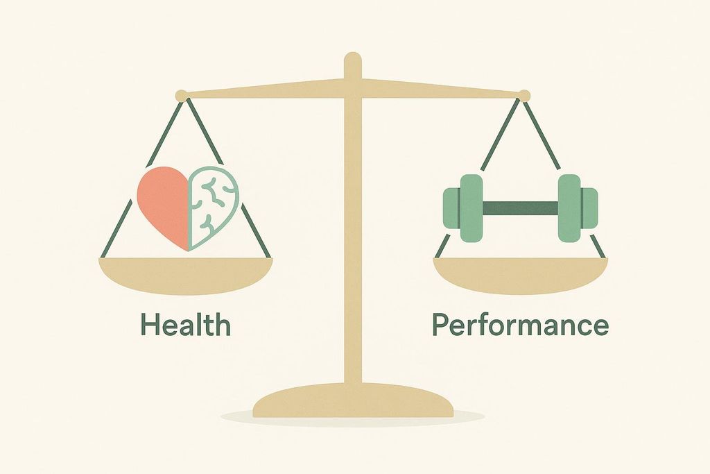 An illustration of a balance scale. On the left, representing 'Health', is an icon combining a heart and a brain. On the right, representing 'Performance', is a dumbbell icon. The scale appears to be balanced, suggesting an equilibrium or consideration between health and performance.