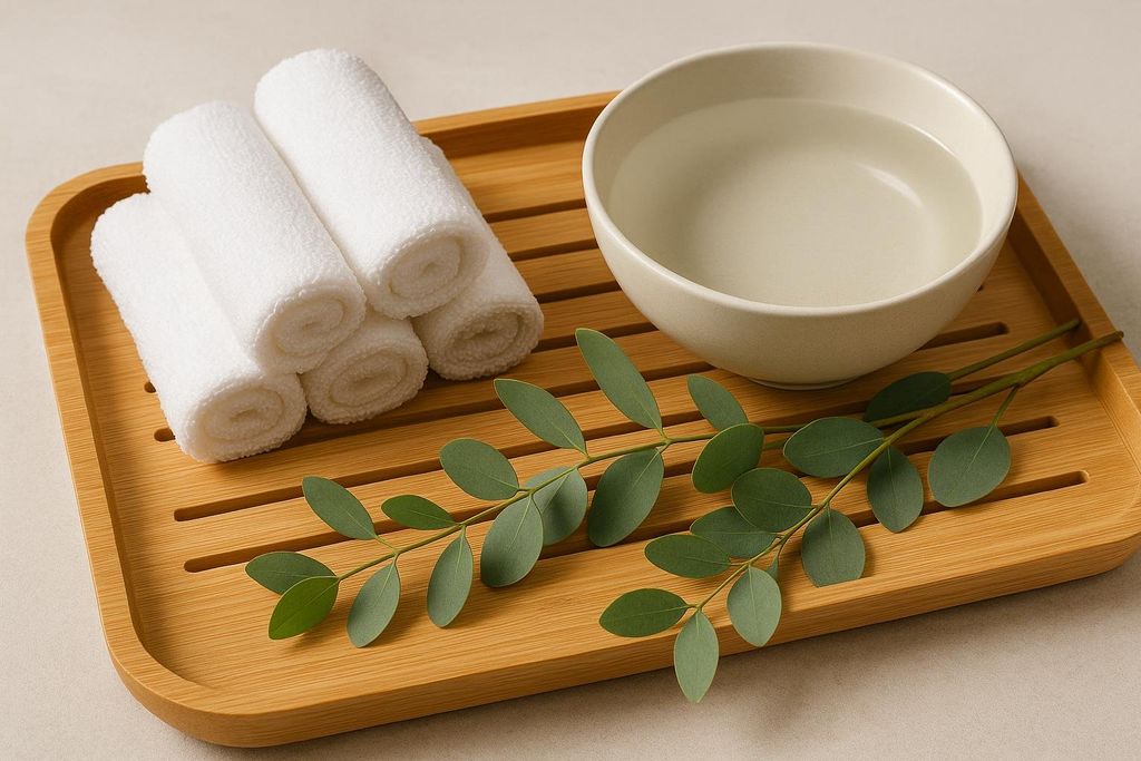 A spa arrangement on a bamboo tray features four rolled white washcloths, a bowl of water, and two sprigs of eucalyptus leaves. The items are neatly arranged on a light beige background.