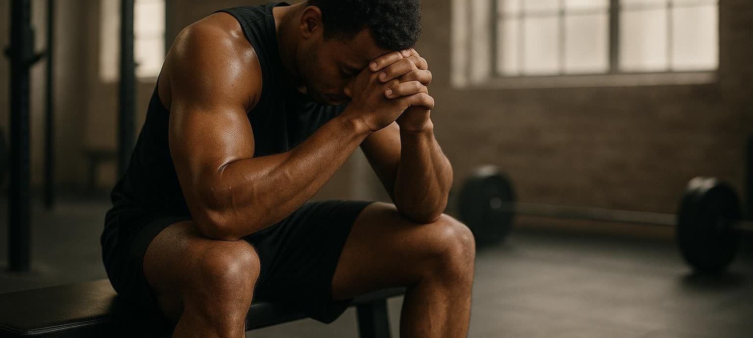 A male athlete with dark skin and a muscular build sits on a gym bench, head in his hands, appearing mentally exhausted. He is wearing a black tank top and shorts. The background is dimly lit with gym equipment visible.