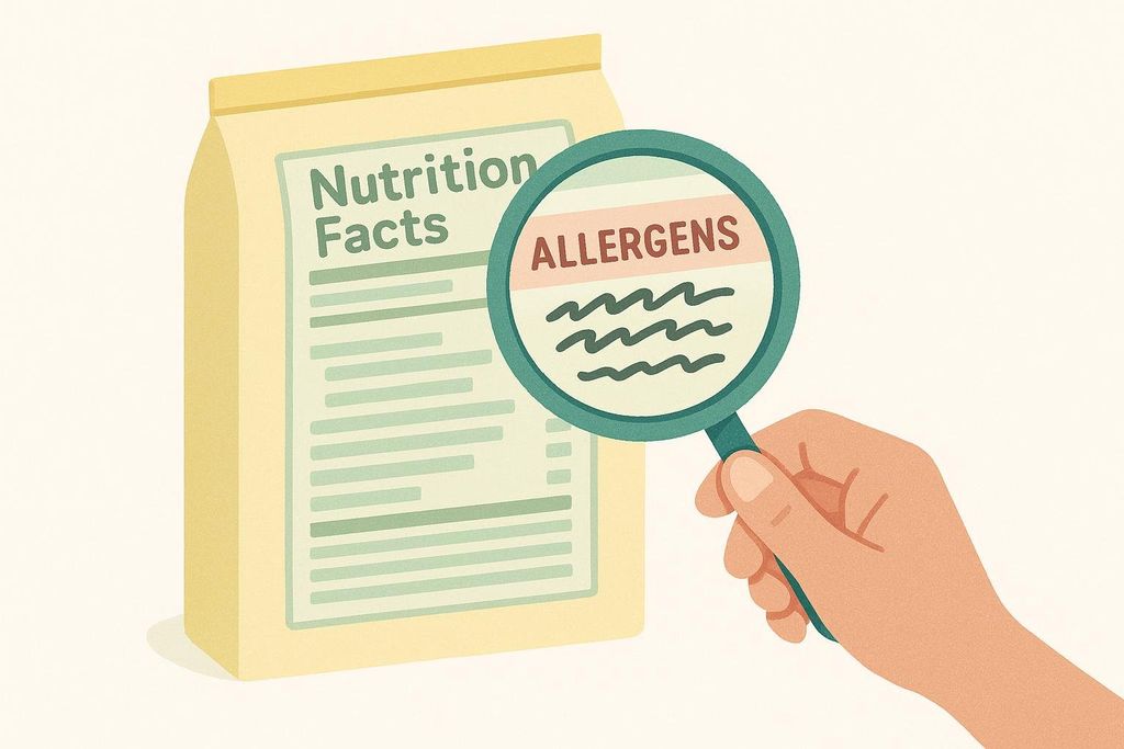 An illustration of a hand holding a magnifying glass over a food package's nutrition facts label, specifically highlighting the 'ALLERGENS' section with wavy lines indicating detailed text.