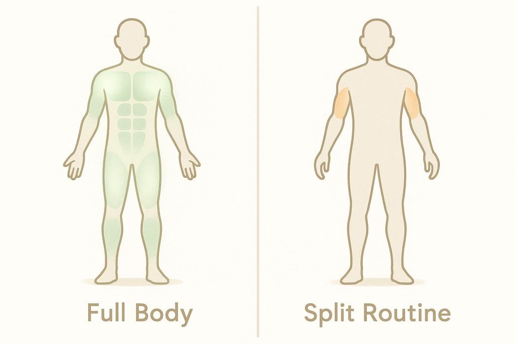 A split panel illustration comparing a 'Full Body' workout, where the entire body outline is shaded green, to a 'Split Routine' where only the upper arms are shaded orange, indicating that only one muscle group is activated.