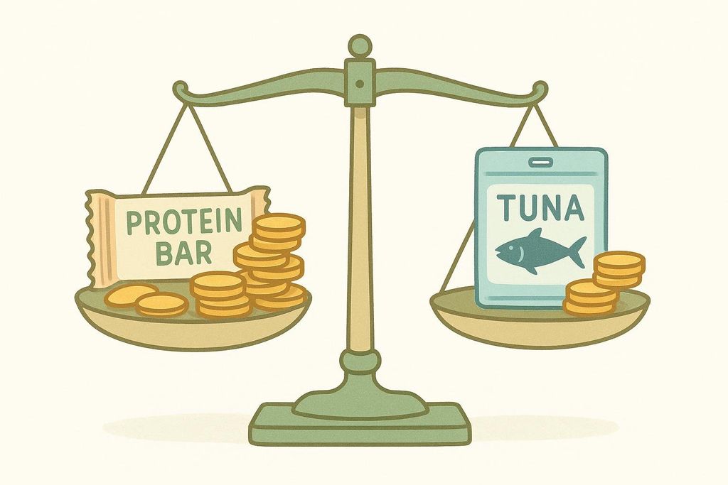 An illustration of a balance scale showing a protein bar with many coins on the left, demonstrating higher cost, and a can of tuna with fewer coins on the right, indicating it's a more economical protein source.