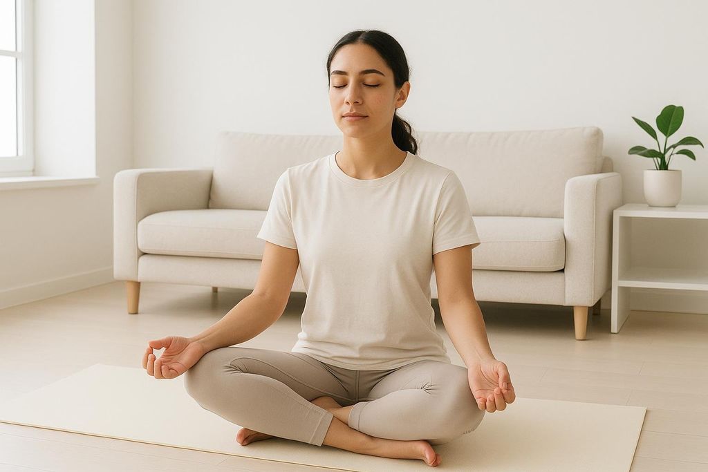 A serene woman with dark hair meditates in a lotus pose on a light-colored yoga mat. Her eyes are closed, and her hands rest gently on her knees with fingers forming a mudra. She wears a cream t-shirt and light grey leggings, seated in a minimalist room with a beige sofa and a potted plant in the background, suggesting a peaceful home environment.