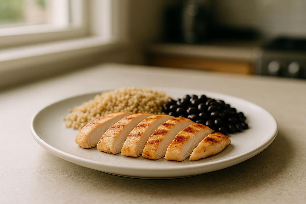 A plate of grilled chicken strips, quinoa, and black beans on a light background.