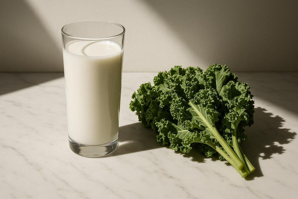 A full glass of milk stands next to a bunch of fresh, green kale on a white marble surface. Sunlight casts shadows on the wall behind them.