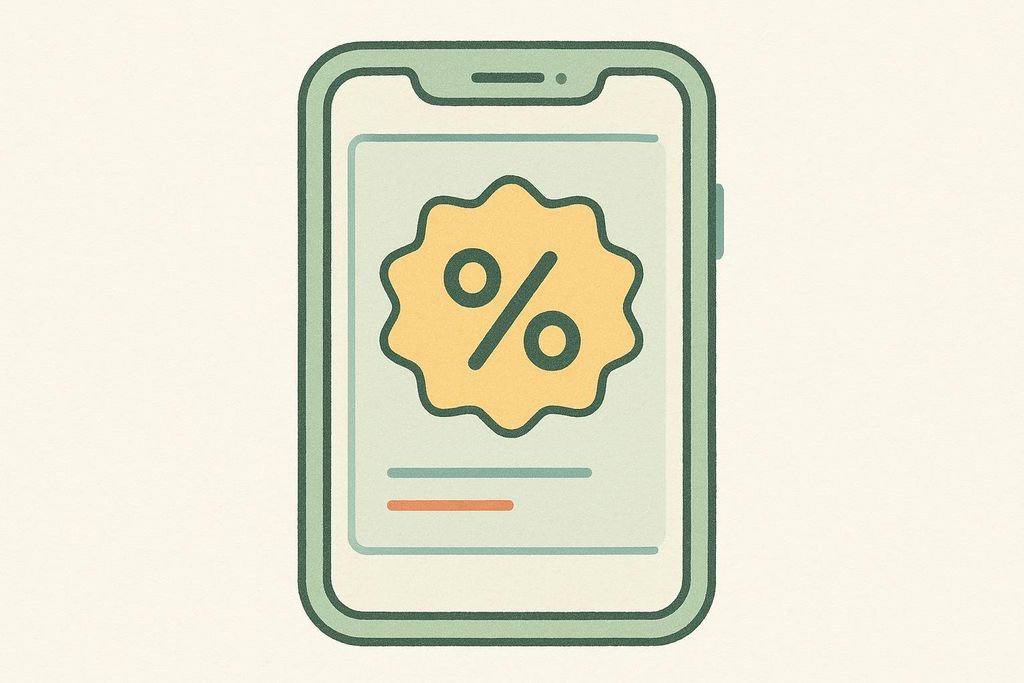 An illustration of a smartphone displaying a yellow spiky badge with a percentage sign, indicating a digital discount or savings offer.