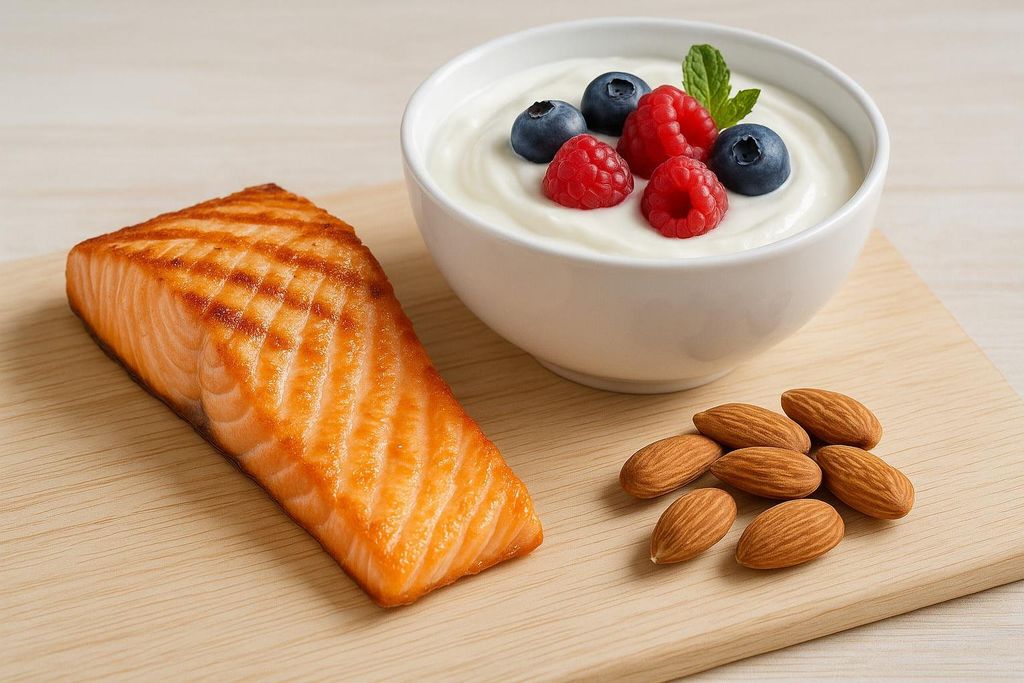 Grilled salmon fillet, a bowl of Greek yogurt with blueberries and raspberries, and a small cluster of almonds on a wooden cutting board, representing high-protein foods.